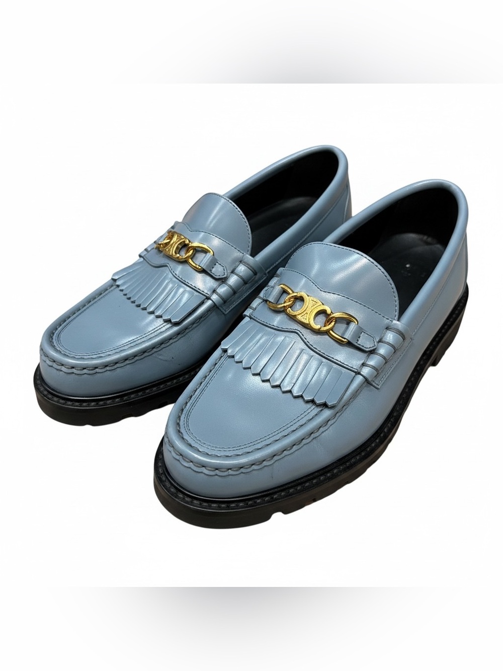 CELINE Triomphe Margaret Lug Sole Leather Loafers Blue Gold Hardware EU 39.5